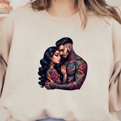 A vibrant and artistic representation of a tattooed couple embracing, showcasing intricate designs and bold colors.DTF Transfers dtf transfers
