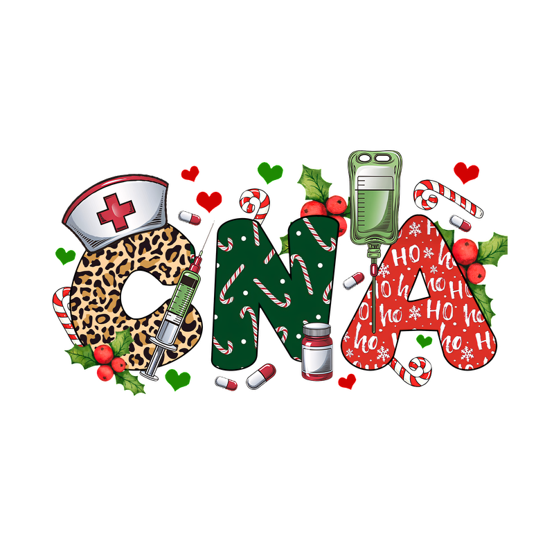 A vibrant holiday-themed design featuring the letters "CNA" adorned with festive elements like candy canes and a nurse's cap.DTF Transfers