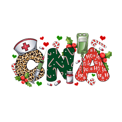 A vibrant holiday-themed design featuring the letters "CNA" adorned with festive elements like candy canes and a nurse's cap.DTF Transfers