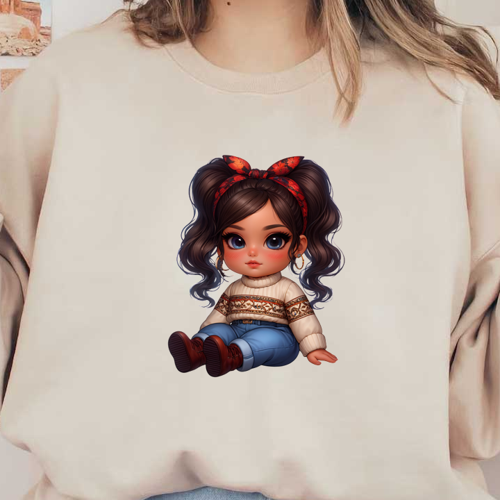 Una linda ilustración digital de una niña con ojos grandes, vestida con un suéter acogedor, jeans y una diadema floral.