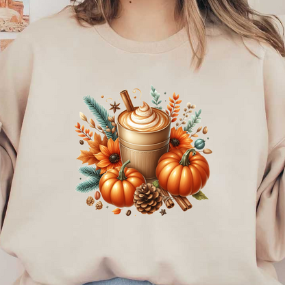 Una acogedora ilustración inspirada en el otoño que presenta una bebida con especias de calabaza, rodeada de calabazas, girasoles y un vibrante follaje otoñal.