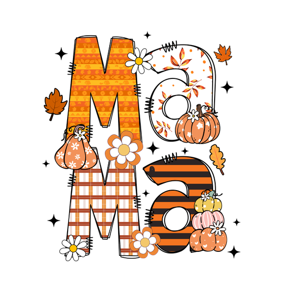 Diseño colorido "Mamá" con temática otoñal que incluye letras estampadas, calabazas, flores y hojas, perfecto para celebrar la maternidad.