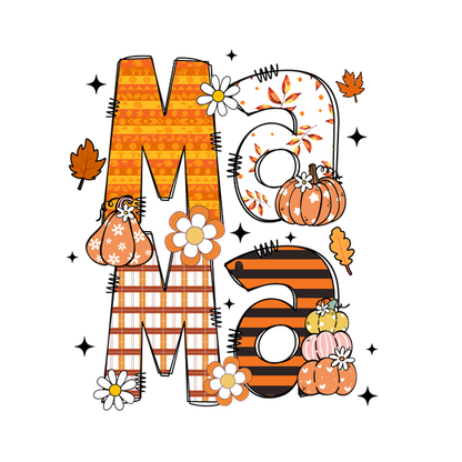 Diseño colorido "Mamá" con temática otoñal que incluye letras estampadas, calabazas, flores y hojas, perfecto para celebrar la maternidad.