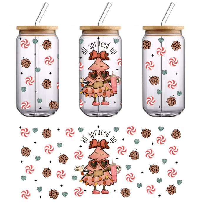 A whimsical, rosy-pink Christmas tree character, complete with a bow, sunglasses, and a drink, surrounded by festive peppermint and pinecone patterns.UV Transfersdtf regular iron