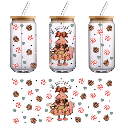 A whimsical, rosy-pink Christmas tree character, complete with a bow, sunglasses, and a drink, surrounded by festive peppermint and pinecone patterns.UV Transfersdtf regular iron