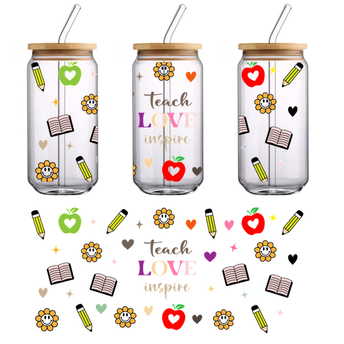 A vibrant illustration featuring apples, pencils, flowers, and the inspiring words "teach LOVE inspire" against a black background.UV Transfers dtf prints