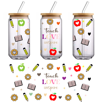 A vibrant illustration featuring apples, pencils, flowers, and the inspiring words "teach LOVE inspire" against a black background.UV Transfers dtf prints