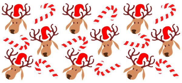 A festive pattern featuring cheerful reindeer in Santa hats and red-and-white candy canes, perfect for holiday decorations!UV Transfers heat press transfers