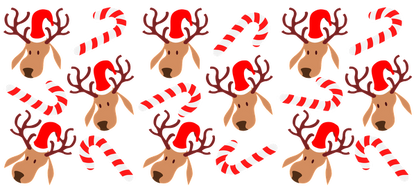 A festive pattern featuring cheerful reindeer in Santa hats and red-and-white candy canes, perfect for holiday decorations!UV Transfers heat press transfers