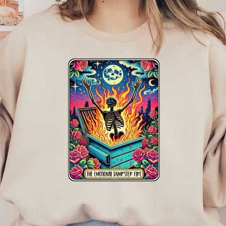 A vibrant illustration depicting a skeleton joyfully emerging from a dumpster fire, surrounded by roses and a colorful night sky. heat press transfers