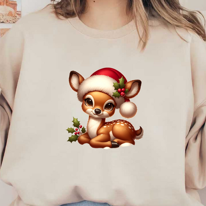 Un lindo cervatillo de estilo de dibujos animados que viste un gorro festivo de Papá Noel, adornado con acebo y bayas, y que irradia alegría navideña.