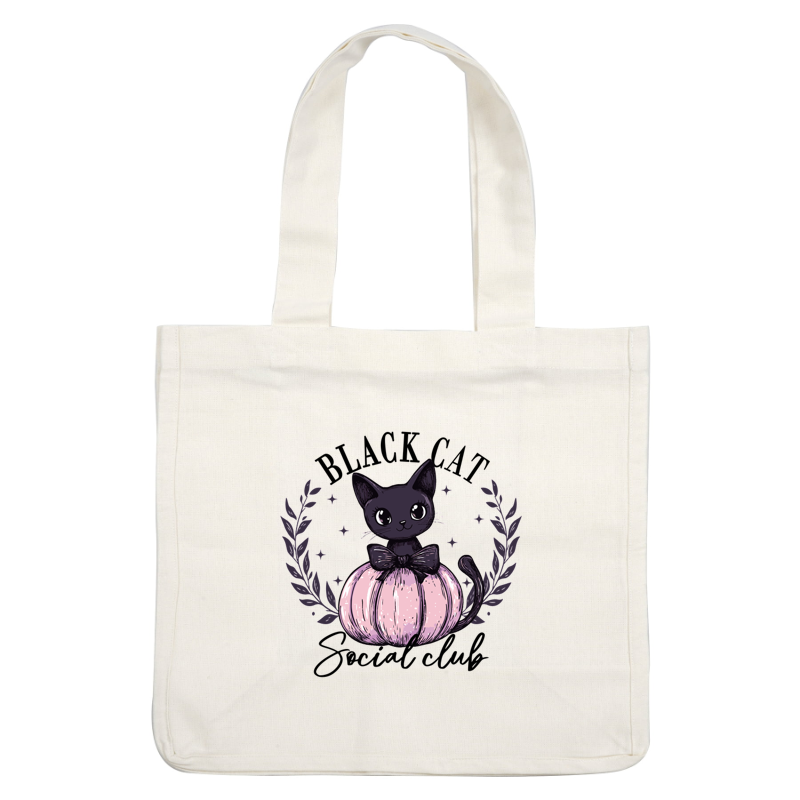 A cute black cat with big eyes sits on a pastel pink pumpkin, adorned with a bow and surrounded by laurel leaves.dtf regular iron