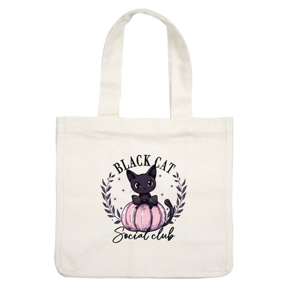 A cute black cat with big eyes sits on a pastel pink pumpkin, adorned with a bow and surrounded by laurel leaves.dtf regular iron