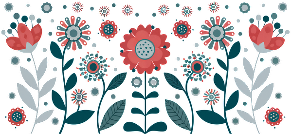 A vibrant floral pattern featuring various flowers in shades of red, teal, and white, surrounded by leafy designs.UV Transfers heat press transfers