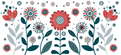 A vibrant floral pattern featuring various flowers in shades of red, teal, and white, surrounded by leafy designs.UV Transfers heat press transfers