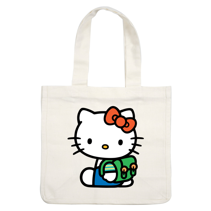 Hello Kitty is dressed in a cute outfit with a vibrant orange bow and is carrying a colorful green backpack.DTF Transfers