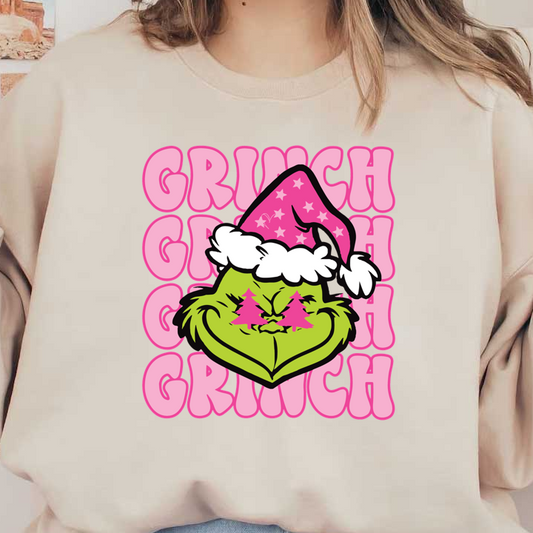 A playful illustration of the Grinch features his grumpy expression with a pink starry Santa hat, surrounded by bold text.DTF Transfers heat press transfers heat press transfers