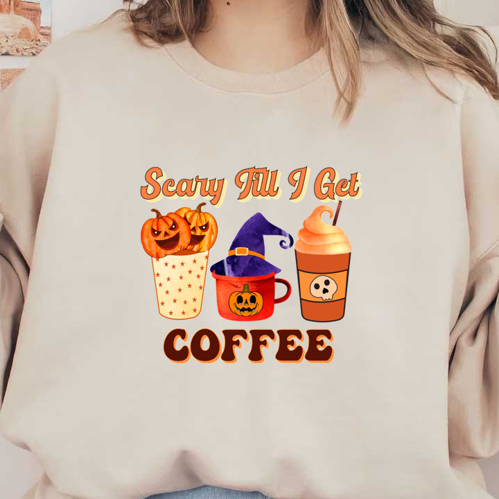 Celebrate Halloween with this playful design featuring coffee cups and pumpkins, perfect for those needing their caffeine fix! dtf prints