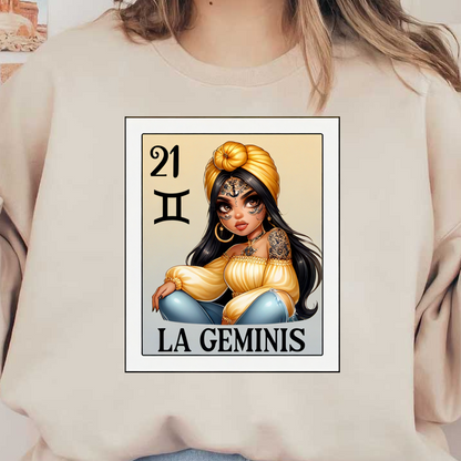 Un personaje vibrante e ilustrado que representa a Géminis, adornado con tatuajes, un pañuelo amarillo para la cabeza y una elegante blusa con hombros descubiertos.