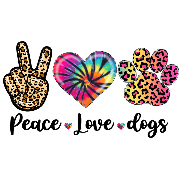 Colorful graphic featuring a leopard print peace sign, a vibrant tie-dye heart, and a playful paw print design, celebrating love for animals.DTF Transfers dtf prints