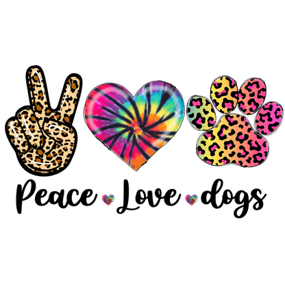 Colorful graphic featuring a leopard print peace sign, a vibrant tie-dye heart, and a playful paw print design, celebrating love for animals.DTF Transfers dtf prints