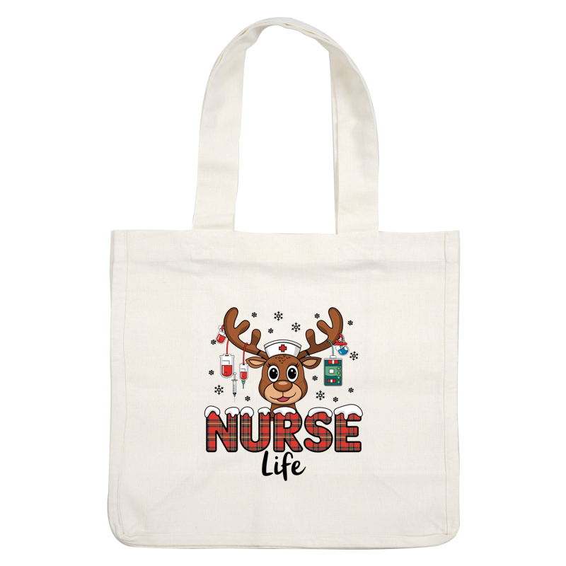 Celebrate the nursing profession with this cute reindeer graphic, featuring medical tools and a playful "NURSE Life" theme.DTF Transfers