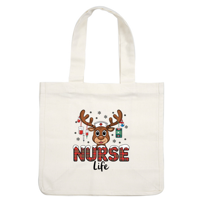 Celebrate the nursing profession with this cute reindeer graphic, featuring medical tools and a playful "NURSE Life" theme.DTF Transfers