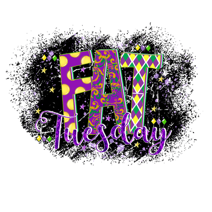 Celebrate Fat Tuesday with this vibrant and festive design, featuring colorful lettering and sparkly accents for a joyful touch!DTF Transfers