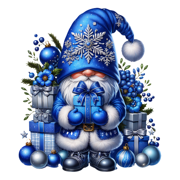 Cheerful blue Santa gnome wearing a snowflake hat holds a gift among festive decorations and presents in blue hues.DTF Transfers heat press transfers