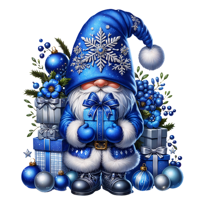 Cheerful blue Santa gnome wearing a snowflake hat holds a gift among festive decorations and presents in blue hues.DTF Transfers heat press transfers