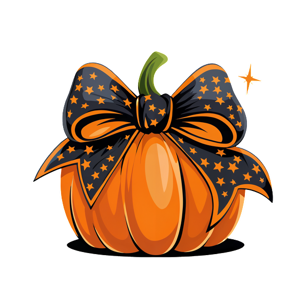 ¡Una calabaza naranja festiva adornada con un elegante lazo negro con patrones de estrellas, perfecta para decoraciones de Halloween!