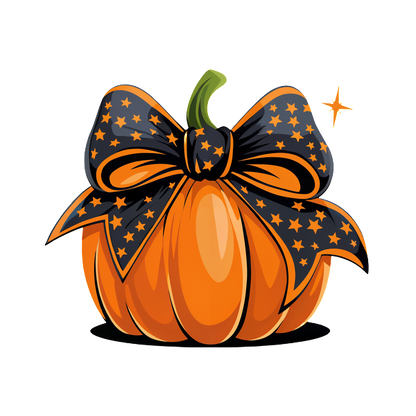 ¡Una calabaza naranja festiva adornada con un elegante lazo negro con patrones de estrellas, perfecta para decoraciones de Halloween!