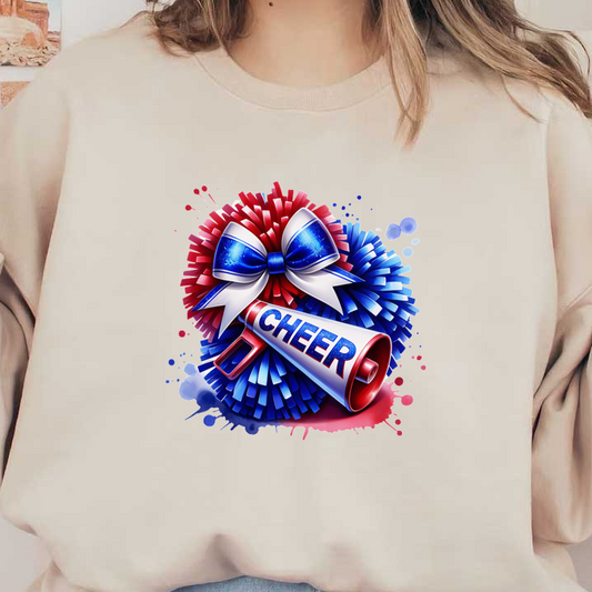 A vibrant cheerleading graphic featuring red and blue pom-poms with a "CHEER" megaphone and a decorative bow.DTF Transfers heat press transfers