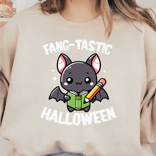 Un simpático murciélago de dibujos animados que sostiene un libro y un lápiz, celebrando un "Halloween colmillo-tástico" con destellos divertidos.
