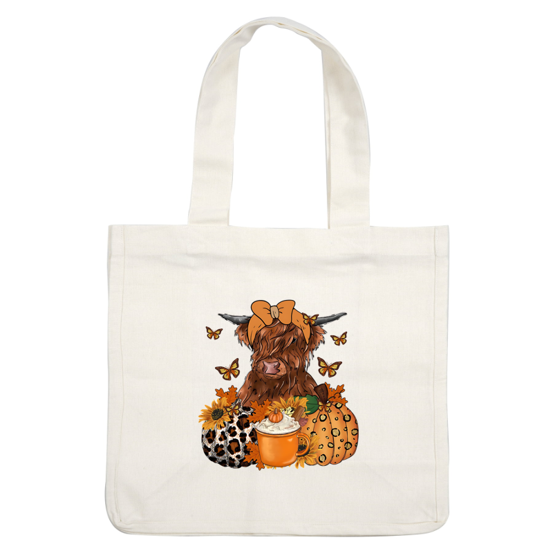 A charming illustration of a Highland cow adorned with a bow, surrounded by autumn leaves, sunflowers, butterflies, and cozy fall elements.dtf regular iron