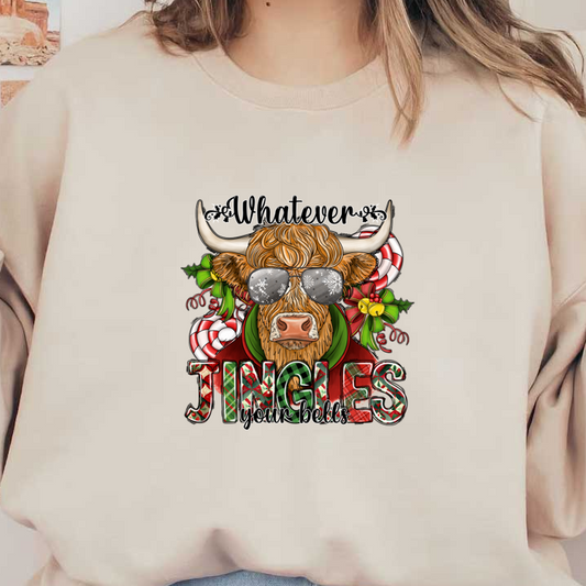 A whimsical holiday design featuring a cool cow wearing sunglasses, surrounded by festive candies and the phrase "Whatever Jingles your bells."DTF Transfersdtf regular irondtf regular iron