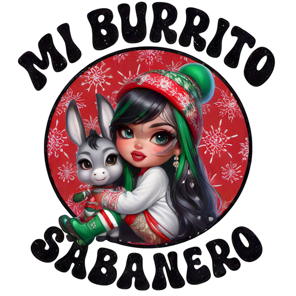 A cute cartoon girl in festive attire snuggles with a friendly donkey, framed by the playful text "Mi Burrito Sabanero."dtf regular iron