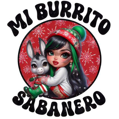 A cute cartoon girl in festive attire snuggles with a friendly donkey, framed by the playful text "Mi Burrito Sabanero."dtf regular iron