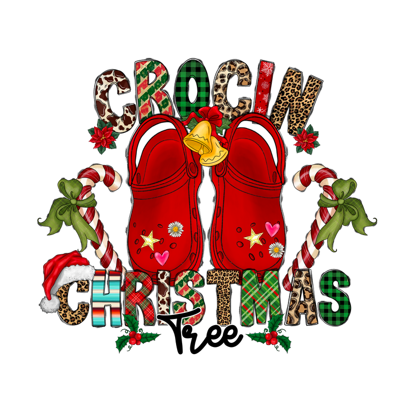 Festive and fun, this design features bold "Crocs" alongside candy canes, a Christmas tree, and holiday decorations!DTF Transfersdtf regular iron dtf prints