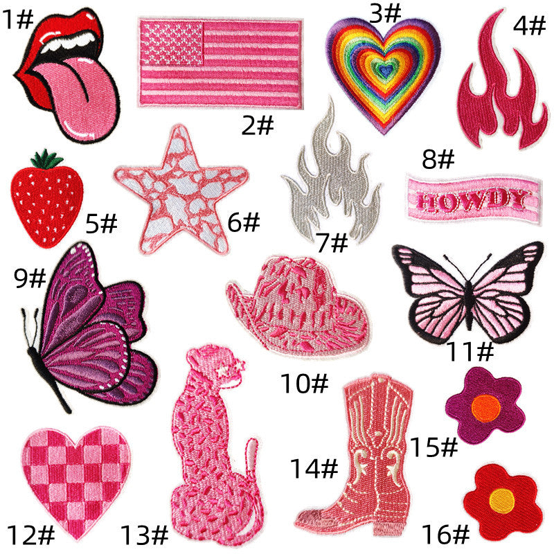 A colorful collection of embroidered patches featuring fun designs like stars, strawberries, butterflies, and iconic slogans for customization.Patches dtf prints heat press transfers