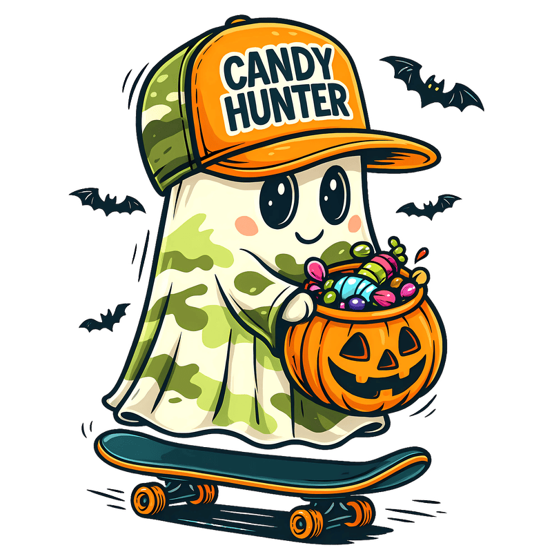 A cute ghost character on a skateboard, wearing a "Candy Hunter" cap and holding a pumpkin filled with candies.DTF Transfers