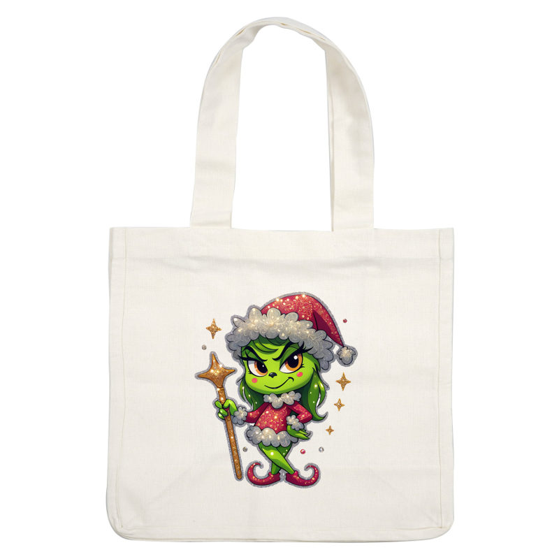 This whimsical green character, dressed in a festive red outfit with a sparkly wand, embodies the holiday spirit with a cheeky charm.DTF Transfers