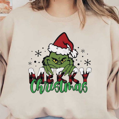 Cheerful holiday design featuring the Grinch in a Santa hat, expressing a playful "Merry Christmas" message with festive colors.DTF Transfers dtf transfers