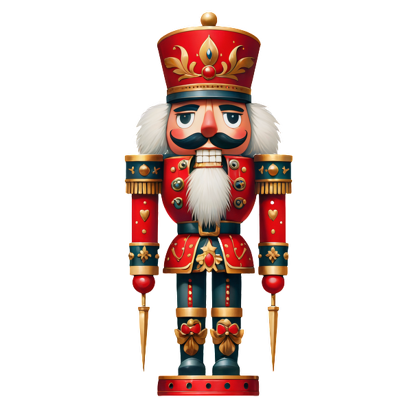 This colorful nutcracker features a striking red and gold uniform, complete with a bushy white beard and traditional spear.