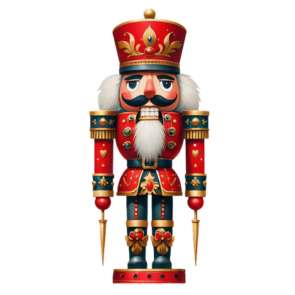 This colorful nutcracker features a striking red and gold uniform, complete with a bushy white beard and traditional spear.