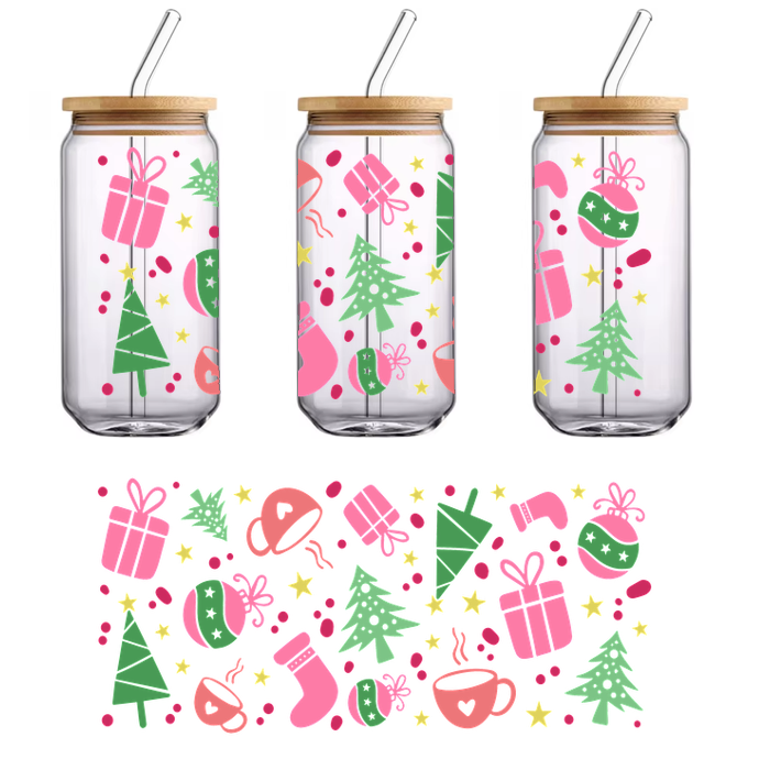 A vibrant collection of festive doodles featuring Christmas trees, gifts, cups of hot cocoa, and cheerful decorations in pink and green.UV Transfers dtf transfers