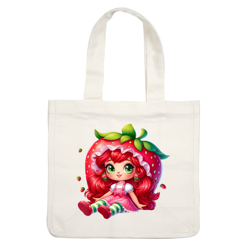 A whimsical character featuring vibrant red hair styled like a strawberry, dressed in a pink polka dot dress and striped leggings.DTF Transfers