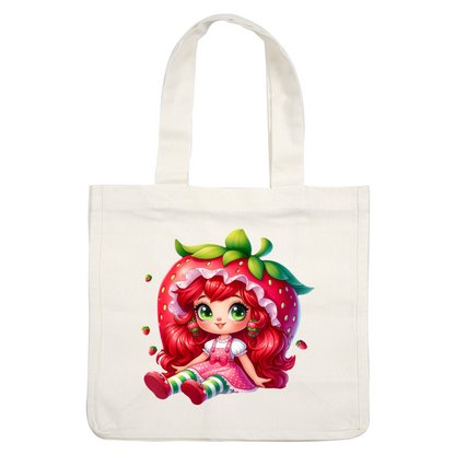 A whimsical character featuring vibrant red hair styled like a strawberry, dressed in a pink polka dot dress and striped leggings.DTF Transfers