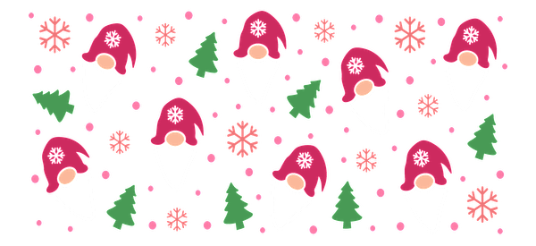 A festive pattern featuring cheerful gnomes with pink hats, surrounded by Christmas trees, snowflakes, and pink ornaments on a black background.UV Transfers dtf transfers