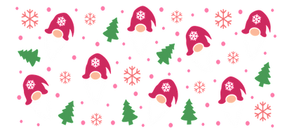 A festive pattern featuring cheerful gnomes with pink hats, surrounded by Christmas trees, snowflakes, and pink ornaments on a black background.UV Transfers dtf transfers